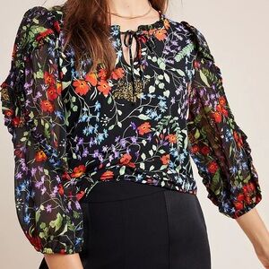 Anthropologie Maeve Jacquin Peasant Blouse Black Floral Sz Medium